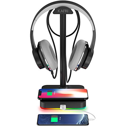KAFRI RGB Headphone Stand with Wireless Charger Desk Gaming Headset Holder Hanger Rack with 10W/7.5W QI Charging Pad and QC 3.0 USB Port – Suitable for Gamer Desktop Table Game Earphone Accessories