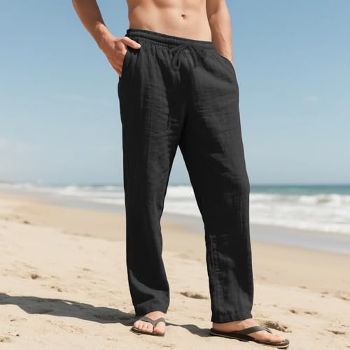 Men's Linen Pants Casual Elastic Waist with Drawstring Flat Front Solid Color Lightweight for Beach Vacation3