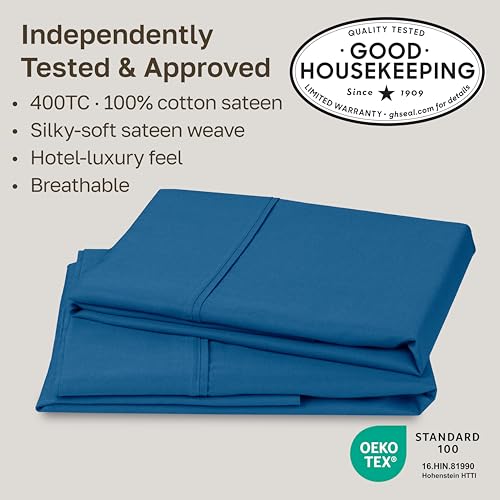 Image of California Design Den King Size Pillow Cases Set of 2-400 Thread Count Sateen, Natural 100% Cotton Pillowcases King, Soft, Roomy and Breathable - Cobalt Blue