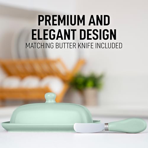 Image of Zulay Butter Dish With Lid For Countertop - Porcelain Mint, Ceramic Butter Dish with Knob Handle Great for Cooking - Elegant Design Butter Holder - Durable & Sturdy Butter Keeper - Mint
