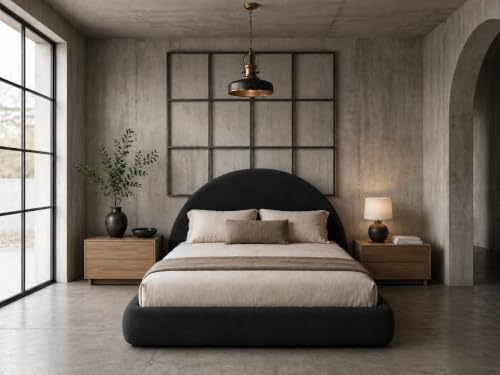 Image of Paros Queen Base NEW ONLY - Includes Fabric + Foam Inserts - Each Piece Sold Separately - Removable Washable Soft Upholstered Air Frame Half Moon Round Cloud Bed - Black Linen Premium