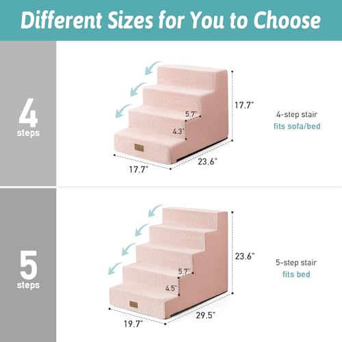 Image of COZY KISS Dog Stairs for Small Dogs 5-Step, 19.7 inch Extra Wide Right-Angle Pet Stairs for Couch and Beds, Anti-Slip Dog Steps for Old Cats and Lowrider, 19.7x29.5x23.6 inch, Pink