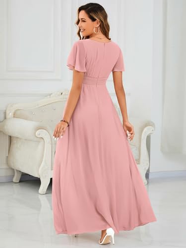Image of Ever-Pretty Women's Spring Elegant Round Neck Short Sleeve Chiffon Empire Waist Floor Length Formal Dresses Bridesmaid Dress
