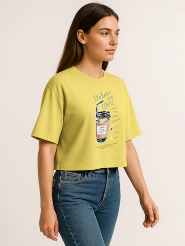 Image of HELLCAT Beige Printed Loose Fit Crew-Neck Crop T-Shirt for Women