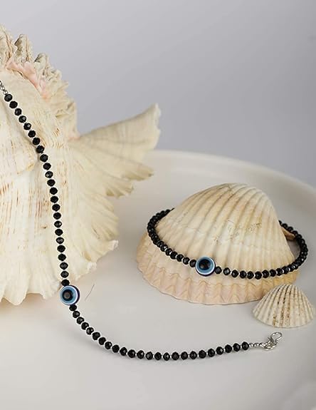 Image of Handmade Pooja EvilEye Black Chain Adjustable Nazar Anklets For Women Men Girls Boys Pack Of 2 evil eye thread, nazar anklet, thread anklet, najariya women anklet