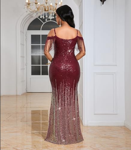 Image of Cololura Women Sexy Sequin Tassel Off Shoulder Halter Bodycon Formal Party Evening Gown Maxi Dress