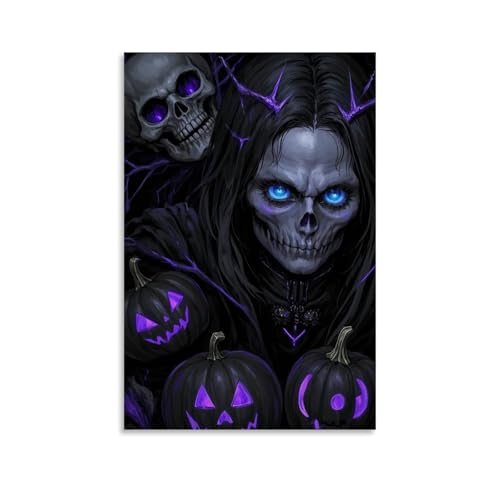 XMHMYHZJ Halloween-Poster mit lila gruseligen Kürbissen und einem Totenkopf mit blauen Augen, Wandkunst, Wandbild, moderne Dekoration, hängendes Kunstposter, 20 x 30 cm