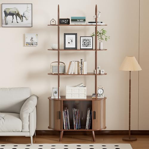 Jluomei Tall Ladder Shelf with Cabinet, 5-Tier Bookshelf with Doors, Wooden Walnut Display Shelf, Small Storage Shelf, Mid Century Modern Narrow Bookcase for Living Room, Home Office, Bedroom