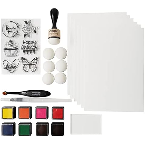 Vaessen Creative Stempelset, 31-teiliges Set,Stempelkissen Schwarz und Mehrfarbig, Stempel Selbst Gestalten, Grußkarten, Scrapbook, DIY Projekte Cover
