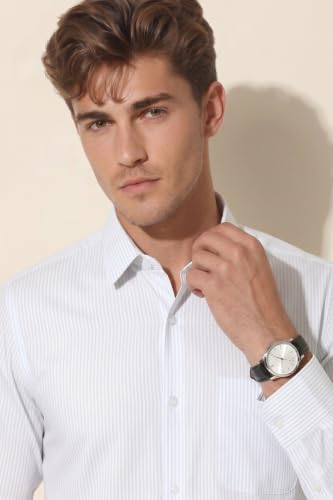Image of Peter England Men's Regular Fit Full Sleeve Striped Formal Shirt | Cotton Rich | Wonder Fabric | Premium Dobby Weave