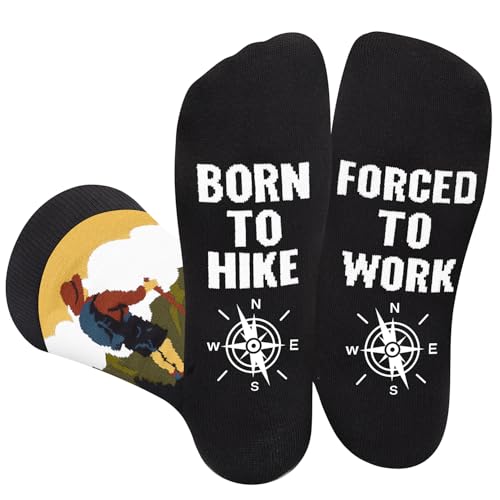 AGRIMONY Funny Hike Socks for Men Women-BORN TO HIKE FORCED TO WORK Crazy Novelty Cool Sport Socks Gifts for Hikers -Hiking Gear Accessories Birthday Fathers Christmas Fun Gift Ideas Stocking Stuffers