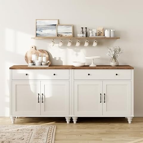 WAMAPT Buffet Cabinet with 4 Doors and 2 Drawers, Large Coffee Bar Tables Wood Kitchen Storage Cabinets with Storage Cabinets, Modern Farmhouse Sideboard Credenza for Dining Room, Off White, 68 inch Cover