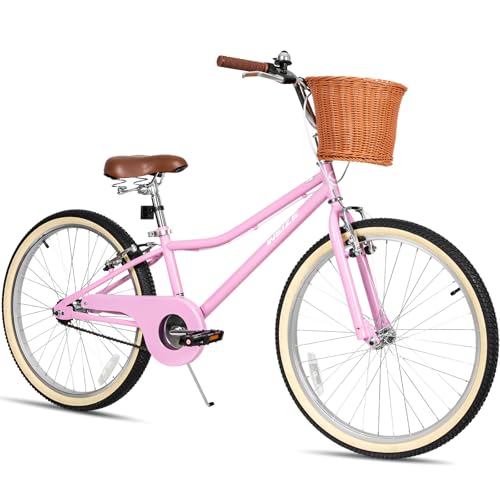 WEIZE Girls Bike for 8-14 Years Old, 24 Inch Kids Bike with Basket and Kickstand, Retro Style Childrens Bicycle for Teen Girls, Lightweight Steel Frame, Pink