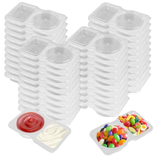 40 recipientes de condimentos de doble compartimento, recipientes reutilizables con tapas, macetas portátiles de plástico transparente para aperitivos de salsa, ideales para comidas y fiestas sobre la
