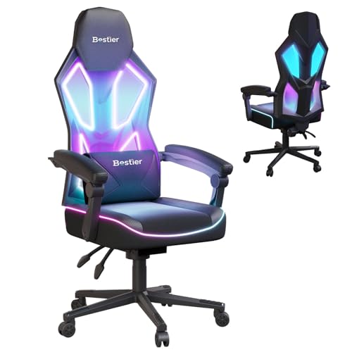 Bestier Gamer Chair with RGB LED Lights, Breathable Fabric LED Gamer Chair with Pocket Spring Cushion and Linkage Armrests, Gaming Chairs for Adults with Adjustable Lumbar Support(Black)