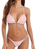 Agoky Damen Bikini Set Metallic Glitzer Dessous Neckholder BH Top Zweiteiliger Rückenfrei Bademode High Cut Thong Bikinihosen Rosa B M