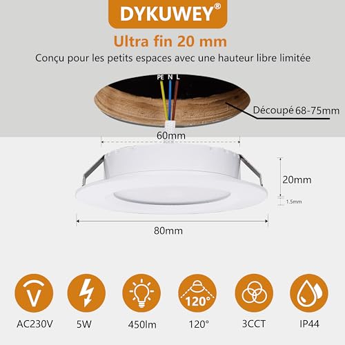 Spot LED encastrable 5W extra plat 20mm avec trois nuances de blanc - 2