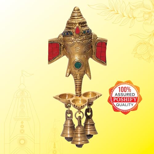 Image of Colorful Ganesha Wall Hanging with Diyas and Bells, Ganesha Wall Hanging, Spiritual Decor, Hindu Puja Items, Ganesha, Home Decor, Temple Decoration, Pooja Room Essential - 791