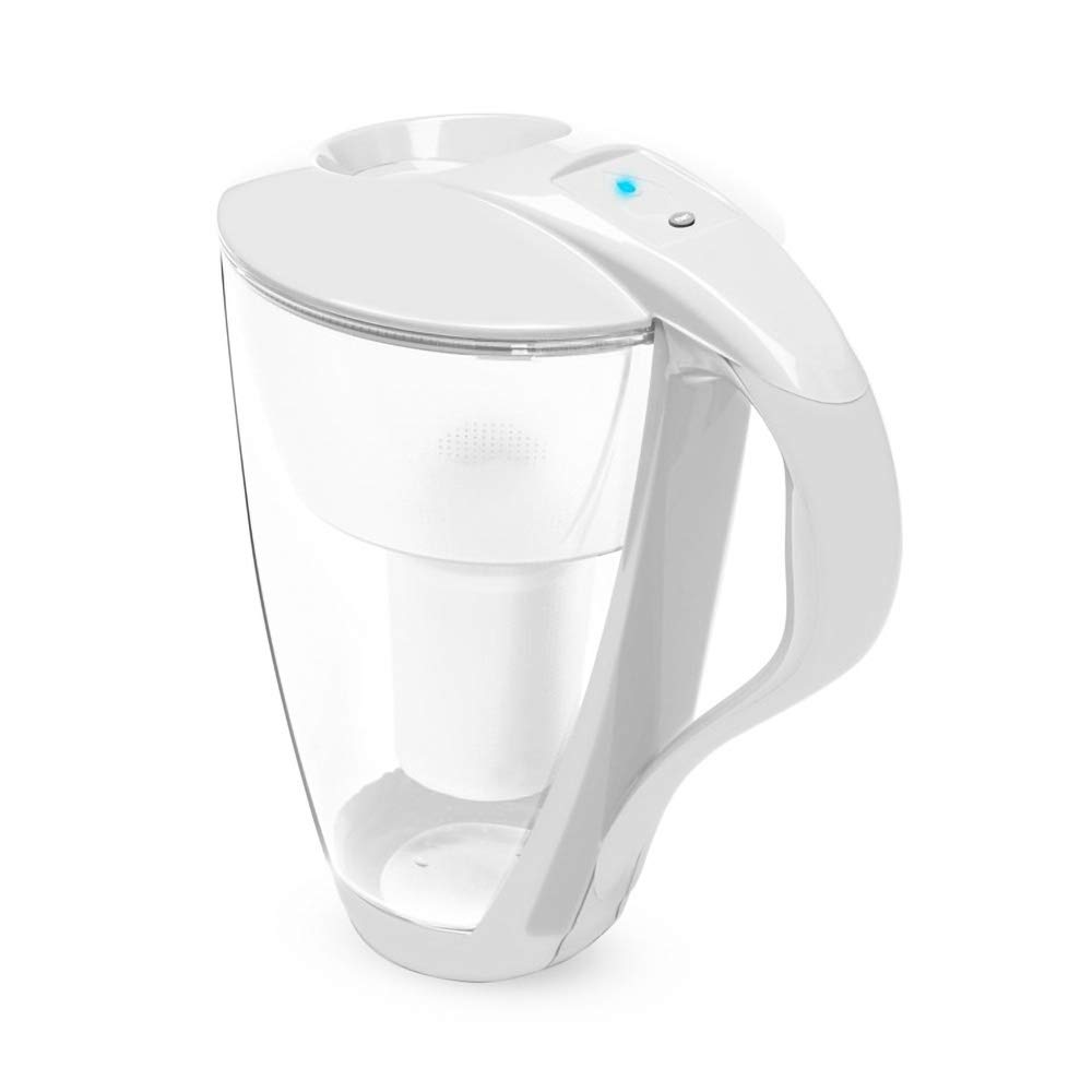 perlopur® Glas-Wasserfilter (weiß) +1 Kart. Universal +Glas-Trinkfl. | Borosilikatglas, 2 l gesamt, 1 l gefiltert, LED-Anzeige, für classic Kartuschen, reduziert Kalk, Chlor & andere Schadstoffe