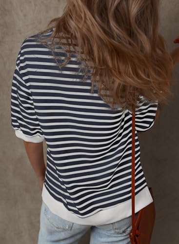 Image of Dokotoo Sweatshirt for Women Fashion Summer Tops Striped Casual Color Block T Shirt Casual Pullover