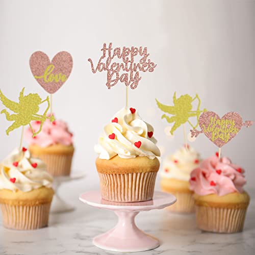 Gyufise 24 Pack Rose Gold Glitter Happy Valentine Day Cupcake Toppers Love Heart Cupcake Toppers for Valentine Theme Wedding Engagement Bridal Shower Party Cake Decorations - Image 4