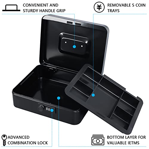 Image of KYODOLED Large Cash Box with Combination Lock Safe Metal Money Box with Money Tray for Security Lock Box 9.84 inchx 7.87 inchx 3.54 inch Black (Pack of 8)