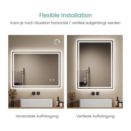 EMKE Badspiegel mit Beleuchtung 80x60 cm, 6500 K Kaltweiß, Antibeschlag – Ansicht 4