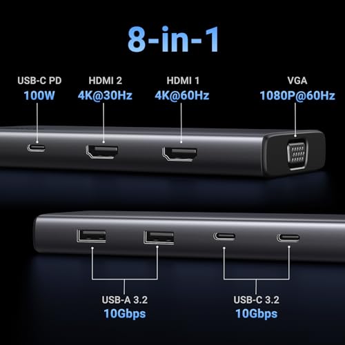 UGREEN Revodok Pro 3081 Docking Station Triplo Schermo 2 HDMI 4K 1 VGA 1080P Hub USB C 10Gbps Adattatore Type C 3.2 PD 100W Carica Compatibile con MacBook Air Surface - Immagine 1