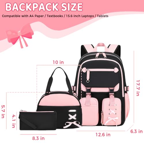 3pcs Cute Aesthetic Girls Backpack with Lunch Box Pencil Case Set, Elementary Middle High School Student Book Bag for Kids Teens, Large Capacity Kawaii Preppy Bow Tie Bookbag2
