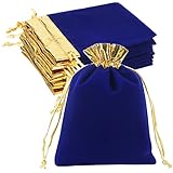 HRX Package 10pcs Velvet Bags 5x7 inch, Royal Blue Gold Cloth Jewelry Pouches Drawstring Baggies Sacks for Small Gift Dice Party Favor