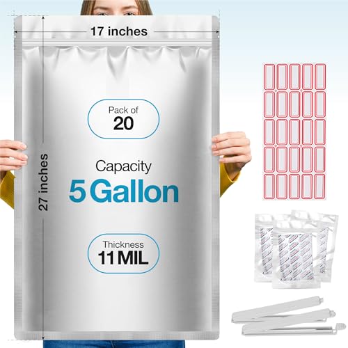 BELLE KR 20 Pcs 5 Gallon Mylar Bags With Oxygen Absorbers 2000cc - 11 Mil Thick - With Sticker Labels and Closure Clip - Smell Proof Zipper Closure Heat Resealable Large Mylar Bags For Food Storage