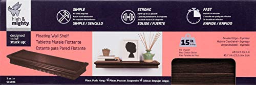 Image of HIGH & MIGHTY 515606-HSU Decorative 18 inch Floating Shelf Holds up to 15lbs, Easy Tool-Free Dry Wall Installation, Beveled, Retail Pack of 2, Espresso
