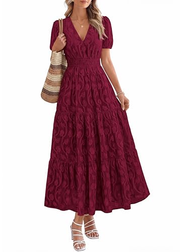 Image of KIRUNDO Summer Dresses for Women 2026 Boho Flowy Casual Short Sleeve V Neck Elastic Waist Floral Long Baby Shower Maxi Dress