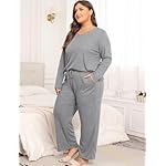 Women's Plus Size 2 Piece Pajama Lounge Sets Knit Outfits Long Sleeve V Neck Tops Wide Leg Pants with Pockets - Image 3