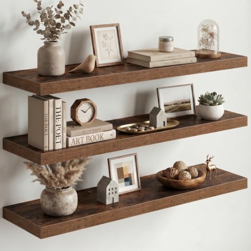 Image of Fun Memories Floating Shelves for Wall, 3 Pack 36 Inch Long Floating Shelves, 36 x 10 Wooden Shelves for Wall, Large Storage Shelves, Hanging Shelves for Bathroom Bedroom Kitchen, Brown