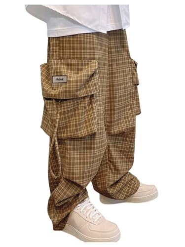 GORGLITTER Men's Gingham Baggy Cargo Pants Drawstring Waist Plaid Wide Leg Trousers Pants with Pockets