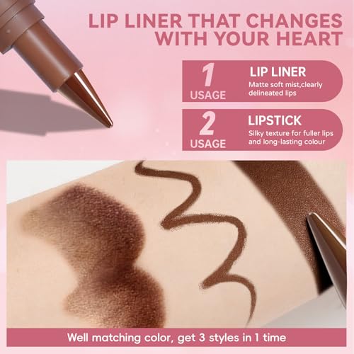 HOSAILY 3PCS Lip Combo Sets, Dark Brown Lip Contour Plumping Liner Pencil Moisturizing Nude Lipstick Gloss Combo, High Pigmented Brown Lips Liner Lightweight Glossy High Shine Gloss Lips Kit Makeup