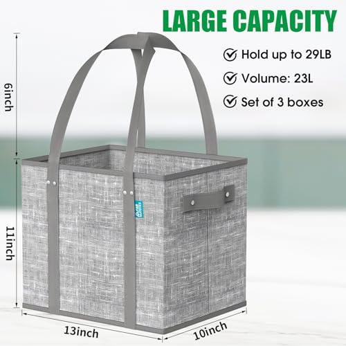 Fab totes Reusable Grocery Bags, Large Foldable Shopping Tote Bags with Reinforced Handles & Hard Bottom,3 Pack,Grey - Thumbnail 2