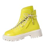 Modische und lässige Damen-Motorradstiefel, Übergröße, kurzer Schlauch, glänzendes, weiches Leder, dicke Sohle, höhenerhöhend, gelb, 37 EU