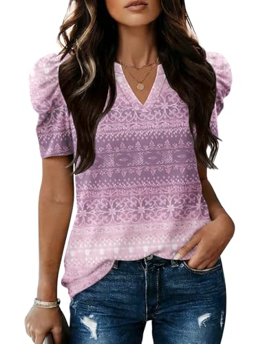 Image of LOMON Spring Summer Tops for Women 2026 V Neck Puff Short Sleeve Tops Fashion Trendy Work Blouses Dressy Casual S-XXL