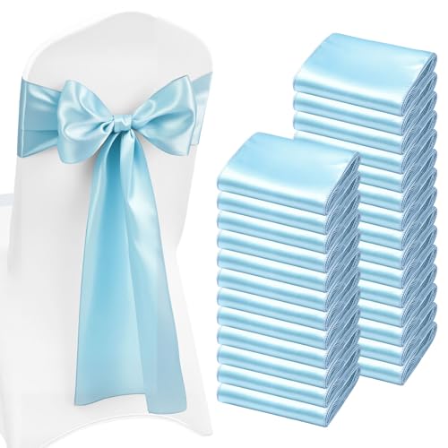 VEVOR Nœud de Chaise en Satin Luxueux Bleu Clair 100 Pièces, Bandeau de Chaise de 17 x 275 cm, Facile à Nouer, Ceinture de Décoration Élégante pour Mariage,...