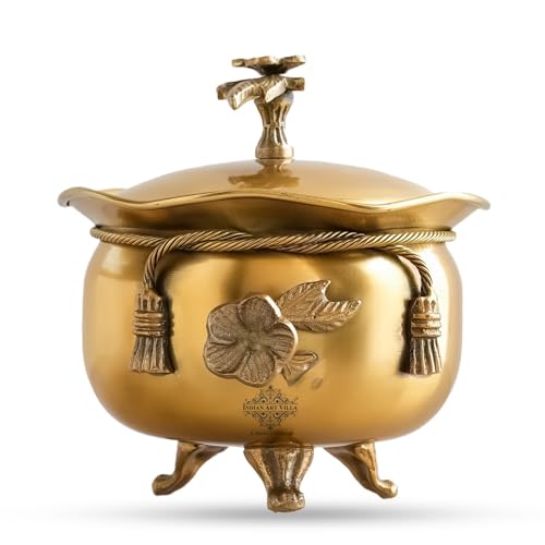 Image of INDIAN ART VILLA Pure Brass Handi /Casserole with Ribbon Bow Lid & 3 Legs - 600 ML, Traditional Brass Serveware for Home, Kitchen & Dining, Elegant Serving Bowl for Curry, Sweets & Snacks