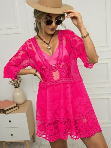 Image of Eomenie Women's Contrast Lace Bathing Suit Cover Up V-Neck Swimsuit Coverups Loose Swimwear Beach Dress Beachwear