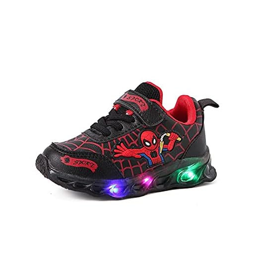 Barn spiderman LED Skor pojkar kors träning sport skor toddler flash skor blinkande skor vattentäta läder sportskor (Color : Black, Size : 28)