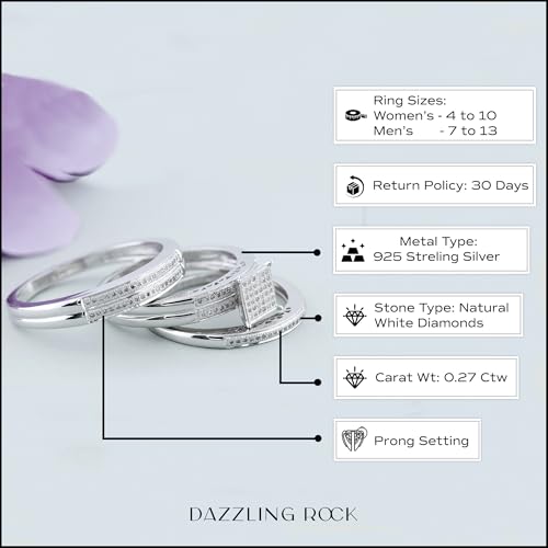 Dazzlingrock Collection 0.27 ctw Round White Diamond Square Head Trio Ring Set in 925 Sterling Silver4