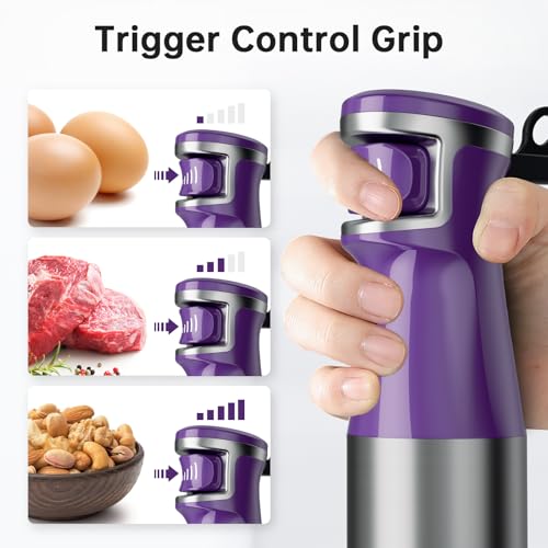 Image of Turelar Immersion Blender Handheld Corded Hand Blenders Set 1100W, Trigger Variable Speed 5 in 1 Stick Emulsifier with Chopper, Whisk and Frother for Soup, Baby Food and Smoothies, Purple