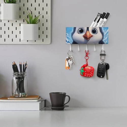 Porte-clés mural avec 5 crochets pingouin en cuir synthétique blanc pour la cuisine
