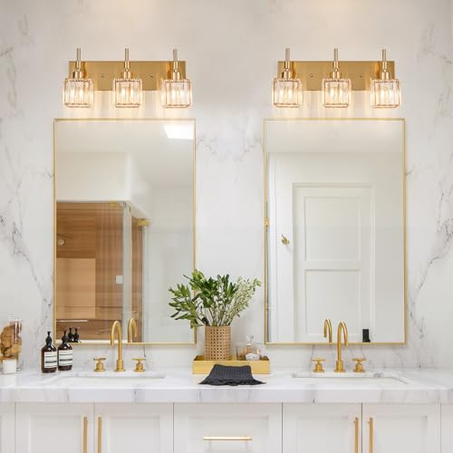 Image of Gold Vanity Light 3-Lights Crystal Bathroom Lighting Fixtures Over Mirror Modern Bathroom Light Fixtures with Crystal Square Shade