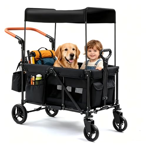 Bonnlo Carro Plegable de Transporte con Ruedas, Carro Playa Niños con Cinturón, Capacidad de 45 kg o Dos Niños, con Toldo Integrado y Freno de Pedal, Negro