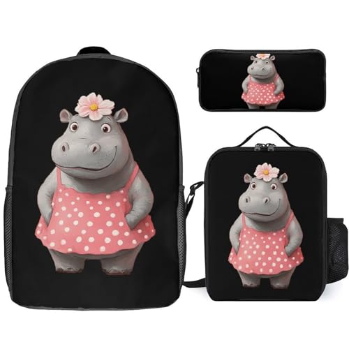 Hippopotamus With Polka Dot Skirt Flowers Large Travel Backpacks Carry on Backpack Weekender Bag with 2 Storage Pockets for Men And Women